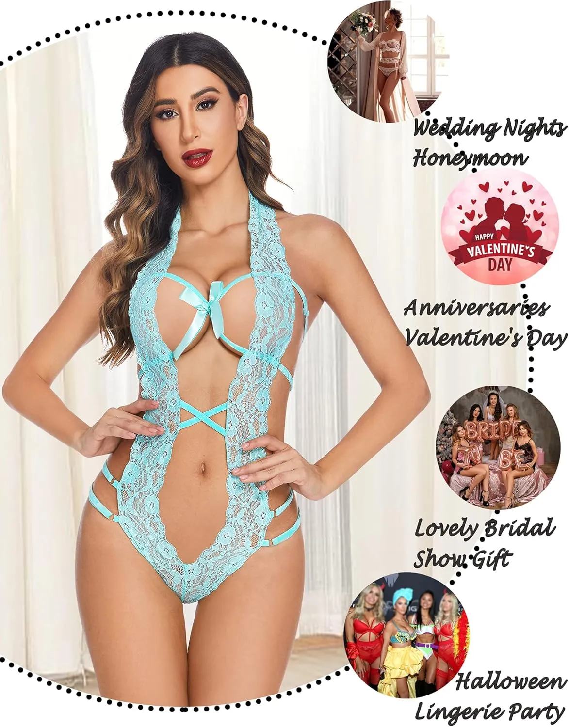 Avidlove Women Deep V Halter Lingerie Teddy One Piece Bodysuit Lace Babydoll