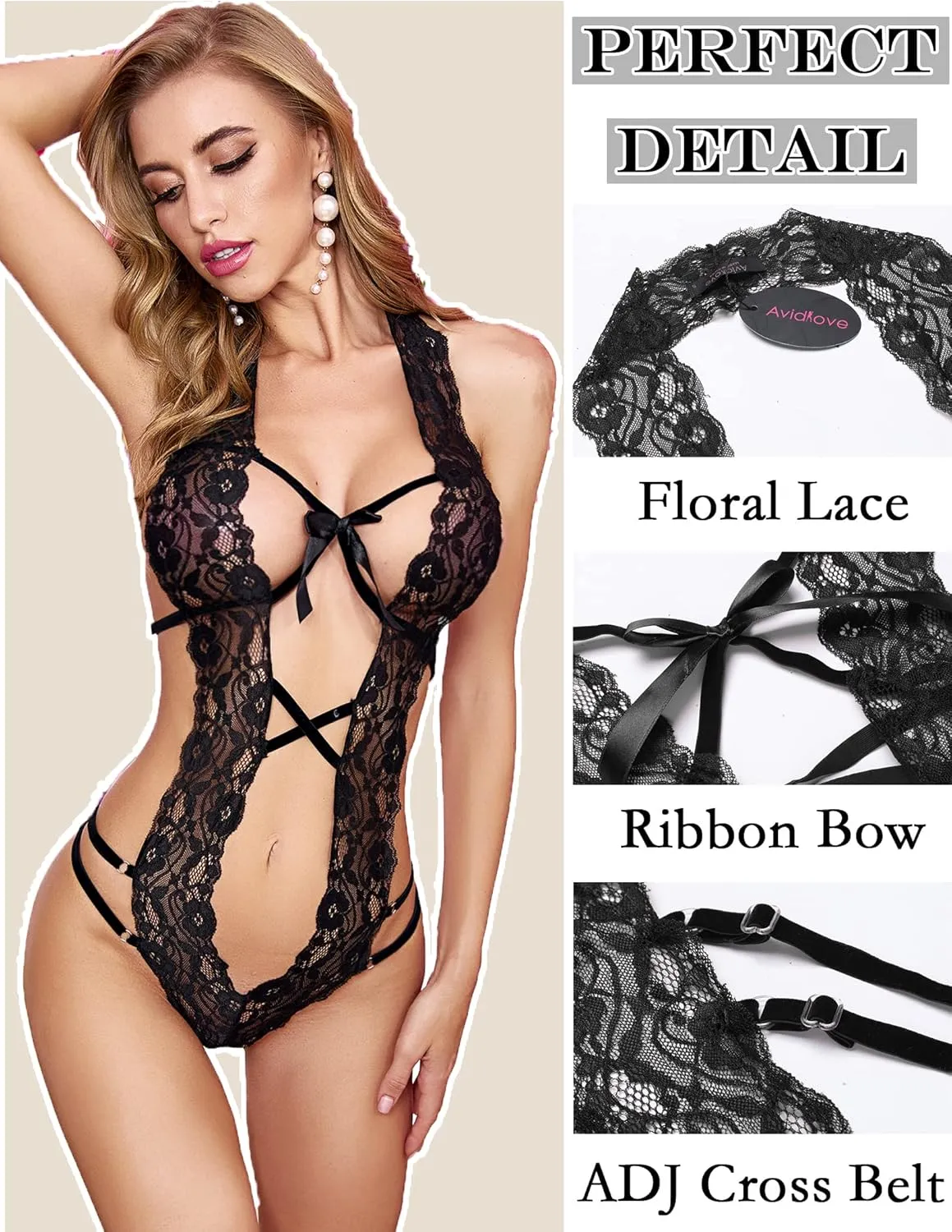 Avidlove Women Deep V Halter Lingerie Teddy One Piece Bodysuit Lace Babydoll