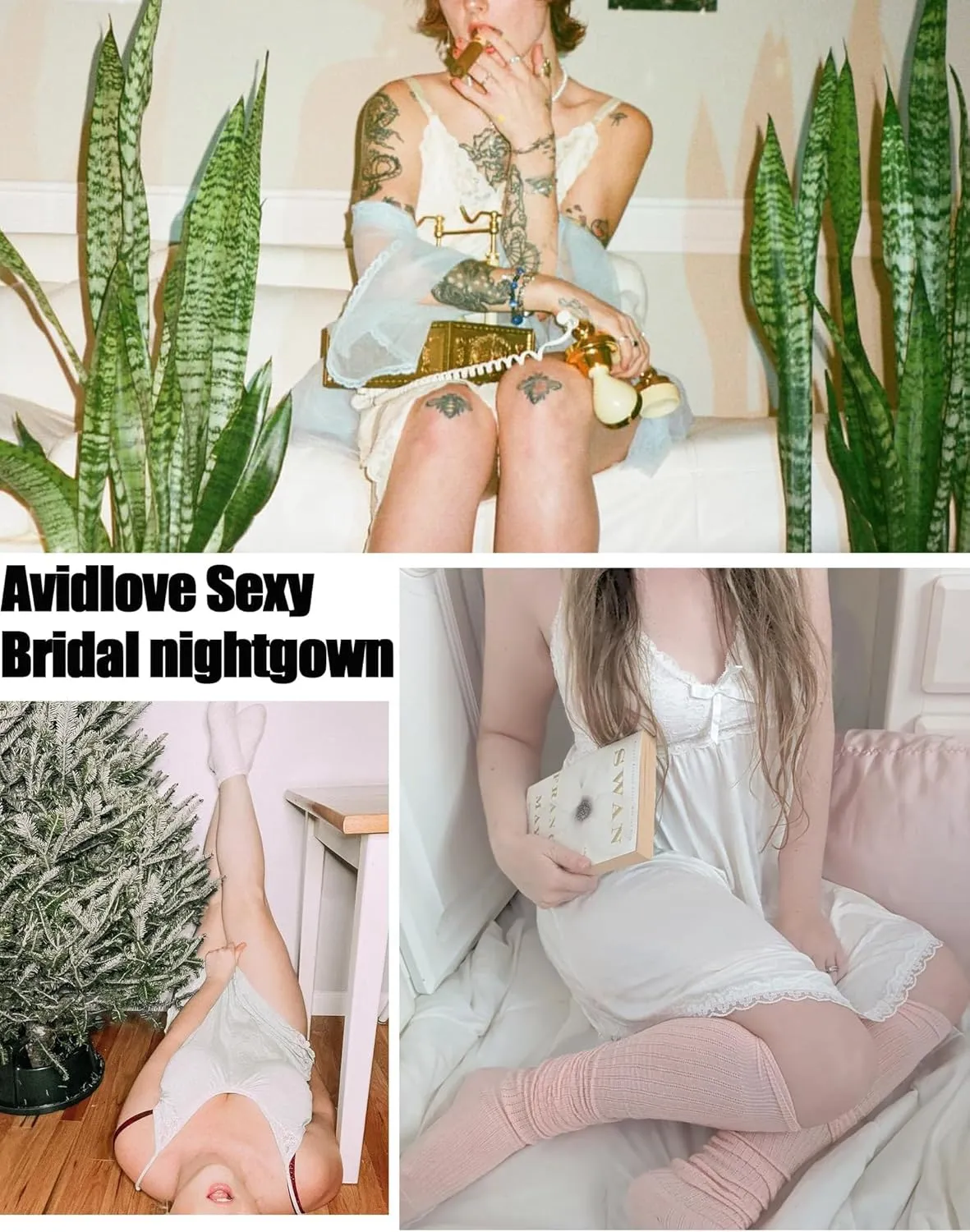 Avidlove Women Nightgown Sexy Sleepwear Lace Chemise V-neck Modal Babydoll Lounge Dress