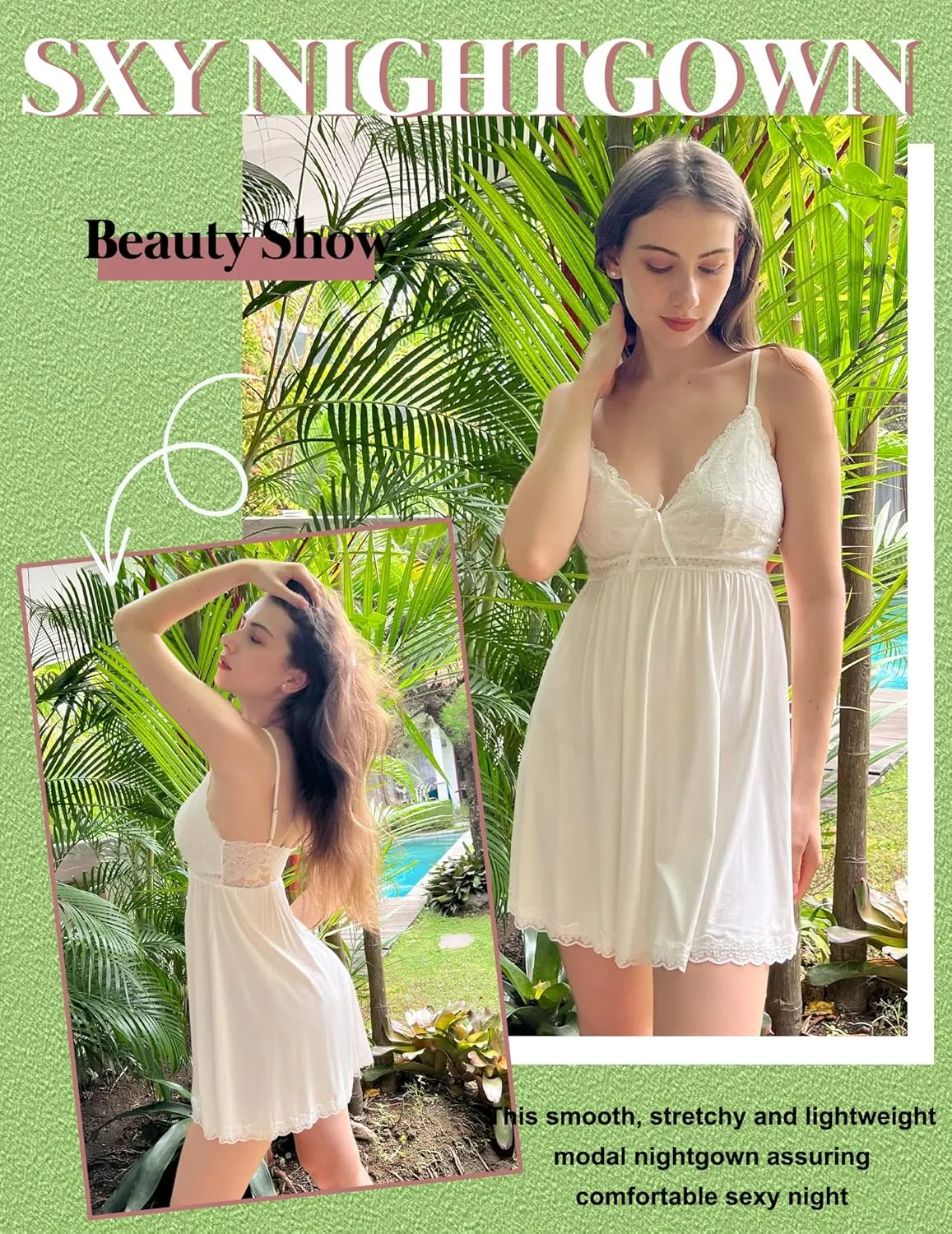 Avidlove Women Nightgown Sexy Sleepwear Lace Chemise V-neck Modal Babydoll Lounge Dress