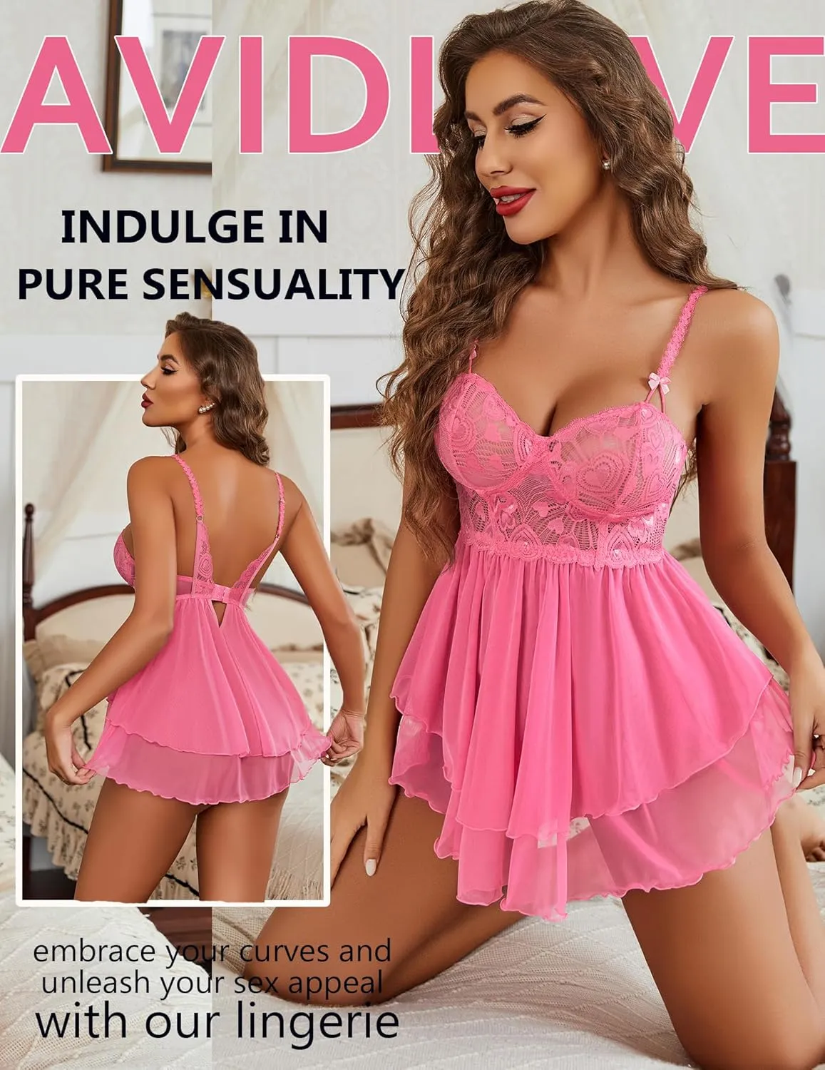 Avidlove Womens Babydoll Lingerie Lace Chemise Floral Sexy Nightgown Embroidered Lingerie Dress Boudoir Nightie
