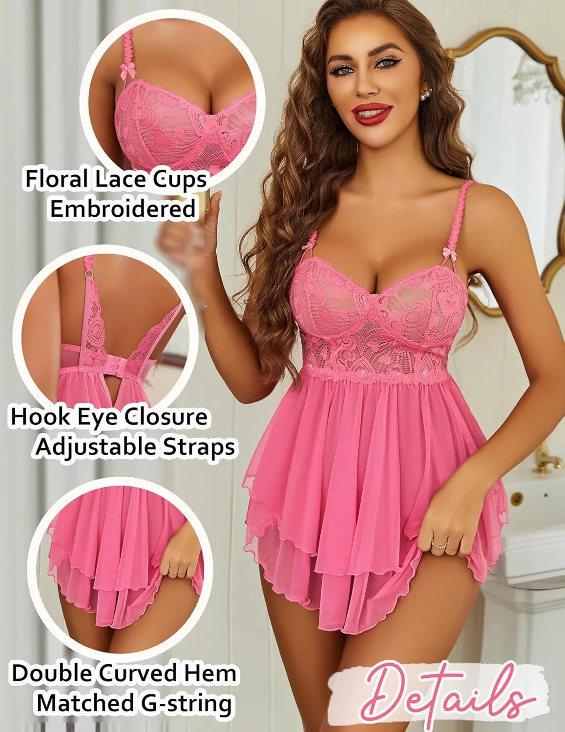 Avidlove Womens Babydoll Lingerie Lace Chemise Floral Sexy Nightgown Embroidered Lingerie Dress Boudoir Nightie