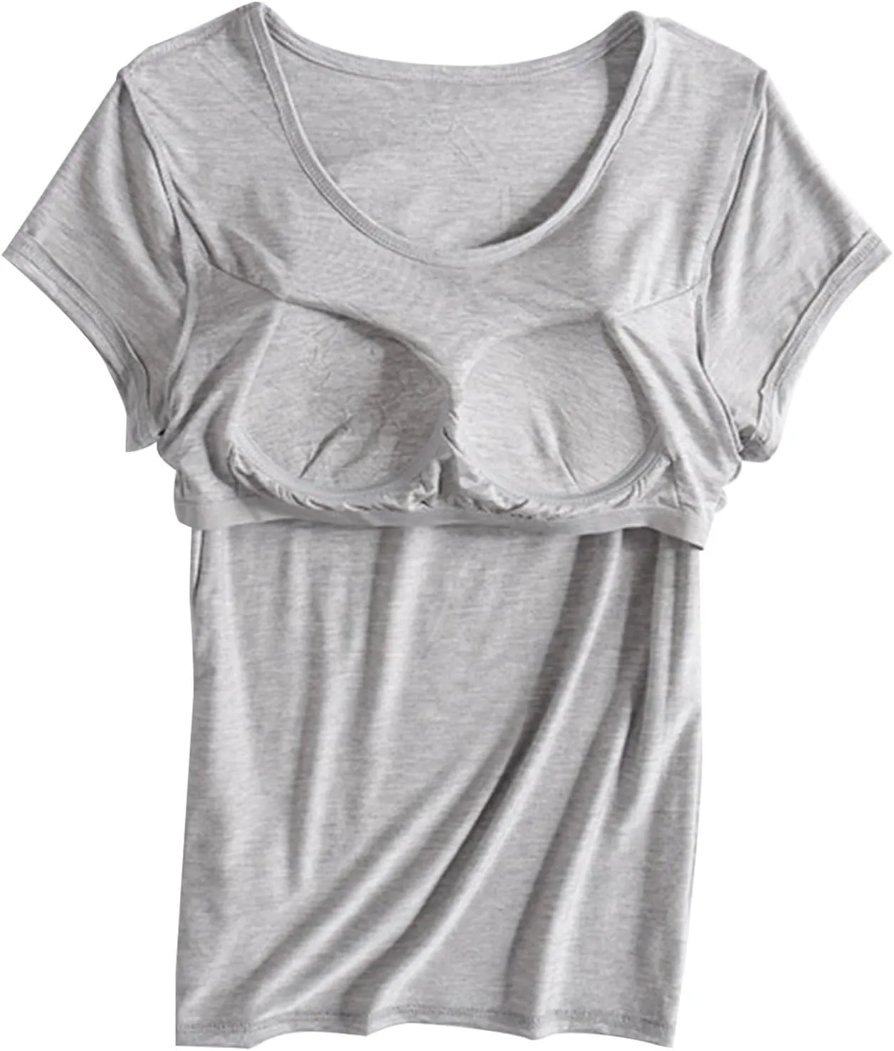 Basic Tees for Women Built in Bra Short Sleeve Crewneck Tops Workout Yoga T Shirts Summer Blouses 2025
