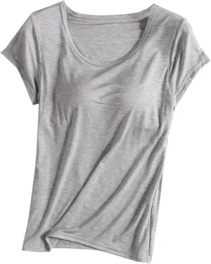 Basic Tees for Women Built in Bra Short Sleeve Crewneck Tops Workout Yoga T Shirts Summer Blouses 2025