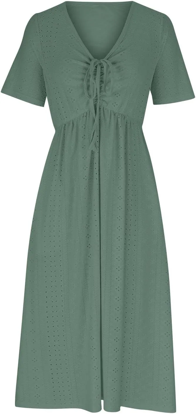 Borniu Dresses for Women Boho Eyelet Solid V Neck Tie Knot Short Sleeve Dress Flowy Beach Vacation Midi Dress with Pockets