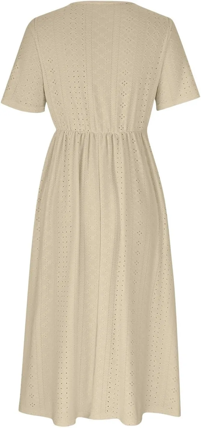 Borniu Dresses for Women Boho Eyelet Solid V Neck Tie Knot Short Sleeve Dress Flowy Beach Vacation Midi Dress with Pockets