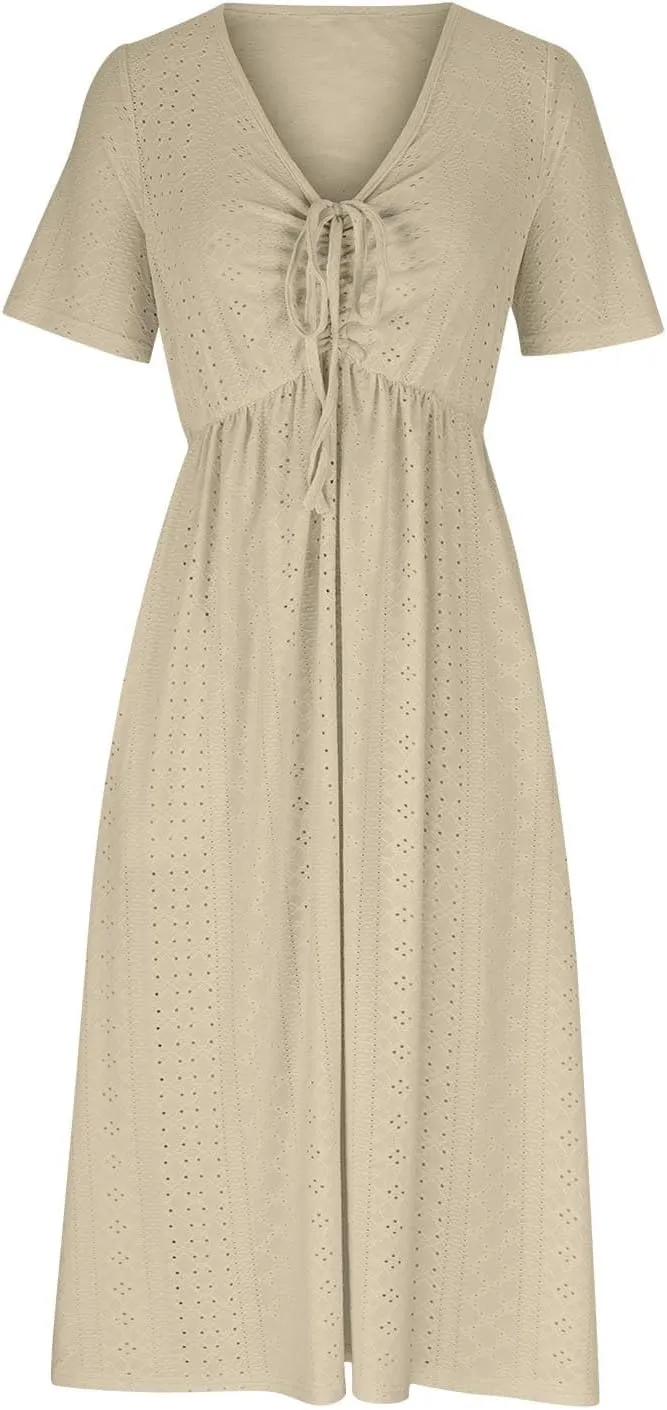Borniu Dresses for Women Boho Eyelet Solid V Neck Tie Knot Short Sleeve Dress Flowy Beach Vacation Midi Dress with Pockets
