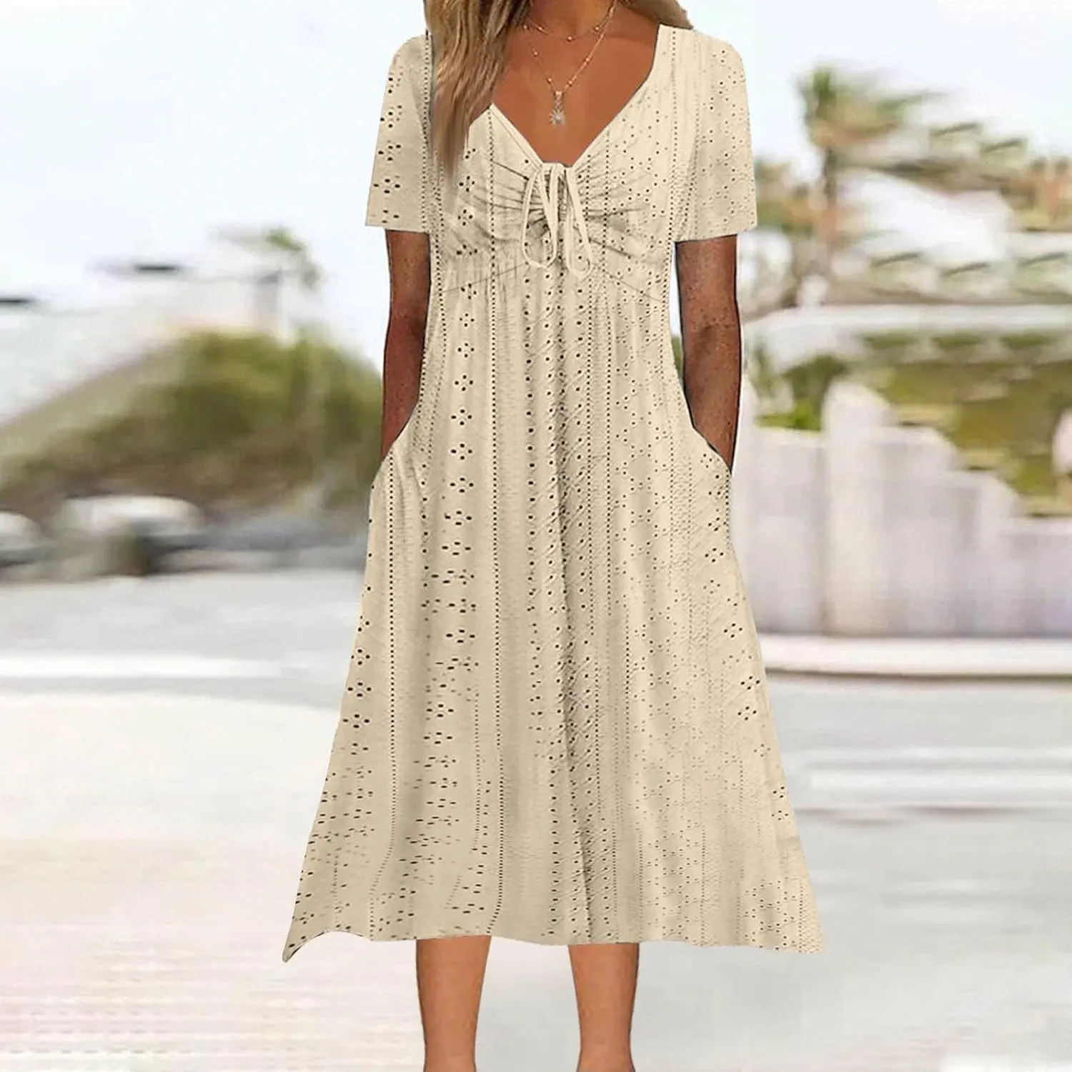 Borniu Dresses for Women Boho Eyelet Solid V Neck Tie Knot Short Sleeve Dress Flowy Beach Vacation Midi Dress with Pockets