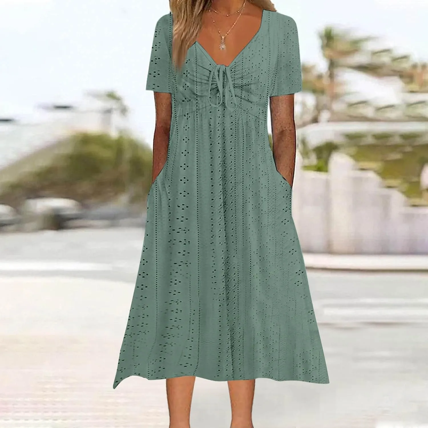 Borniu Dresses for Women Boho Eyelet Solid V Neck Tie Knot Short Sleeve Dress Flowy Beach Vacation Midi Dress with Pockets
