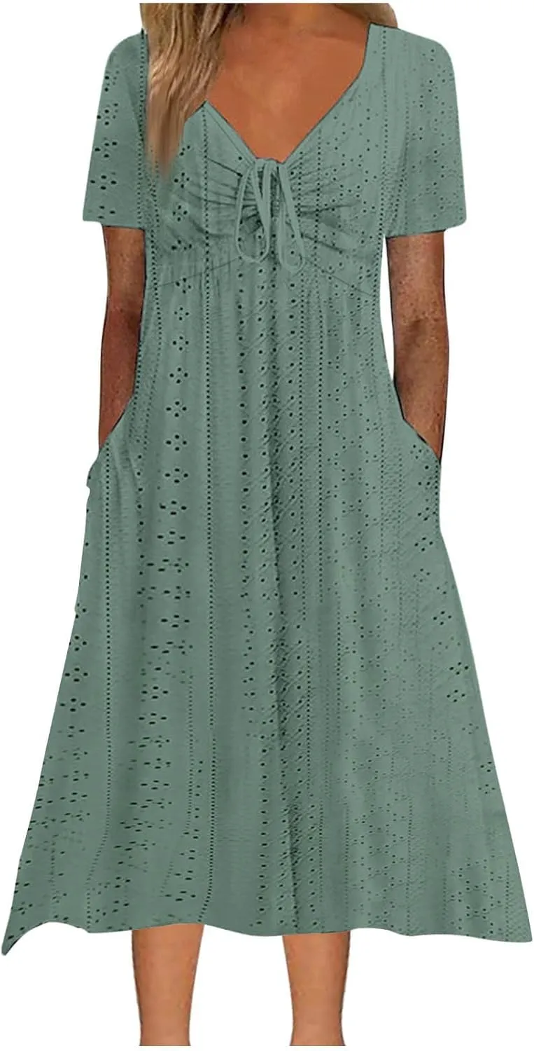 Borniu Dresses for Women Boho Eyelet Solid V Neck Tie Knot Short Sleeve Dress Flowy Beach Vacation Midi Dress with Pockets