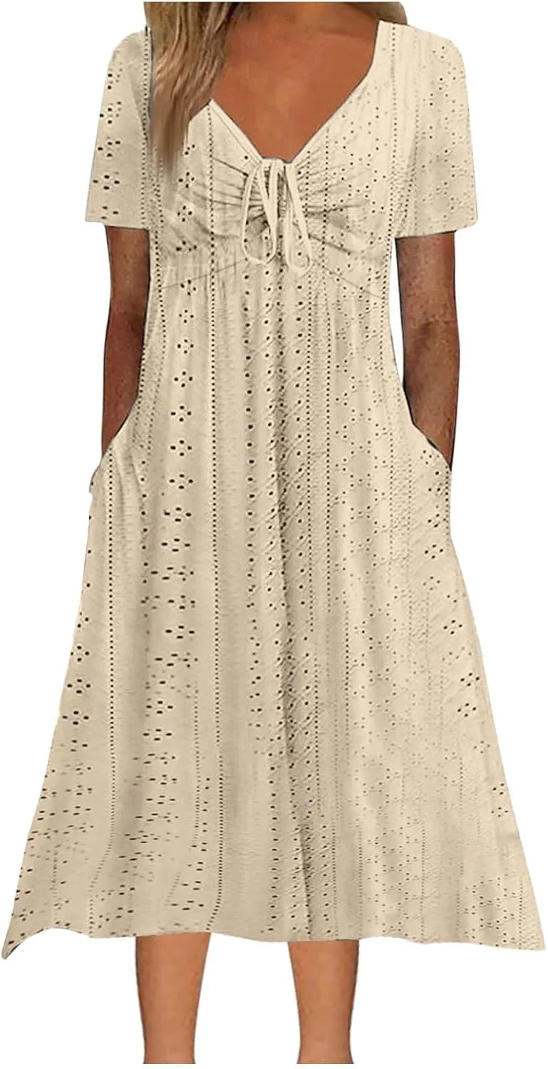 Borniu Dresses for Women Boho Eyelet Solid V Neck Tie Knot Short Sleeve Dress Flowy Beach Vacation Midi Dress with Pockets