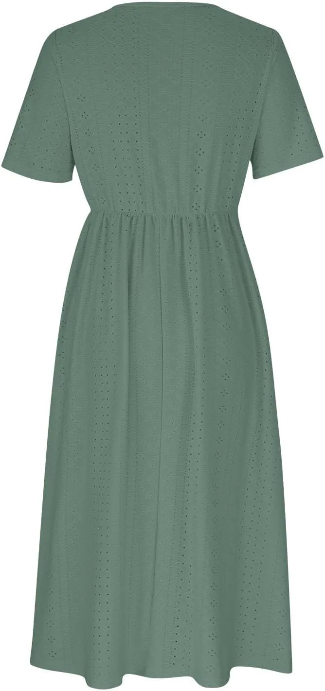 Borniu Dresses for Women Boho Eyelet Solid V Neck Tie Knot Short Sleeve Dress Flowy Beach Vacation Midi Dress with Pockets
