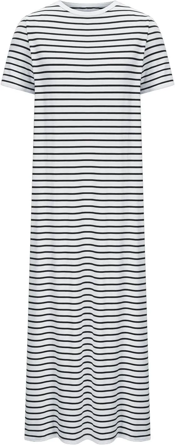 Borniu Women Casual Summer Dresses Short Sleeve Striped Midi Dress Crewneck Fashion Party Beach Vocation T Shirt Maxi Dress