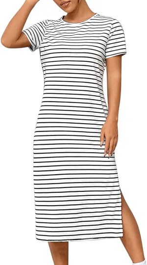 Borniu Women Casual Summer Dresses Short Sleeve Striped Midi Dress Crewneck Fashion Party Beach Vocation T Shirt Maxi Dress
