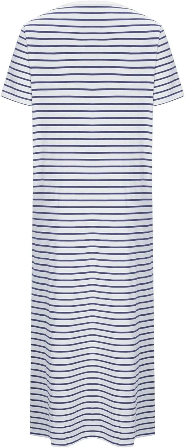 Borniu Women Casual Summer Dresses Short Sleeve Striped Midi Dress Crewneck Fashion Party Beach Vocation T Shirt Maxi Dress