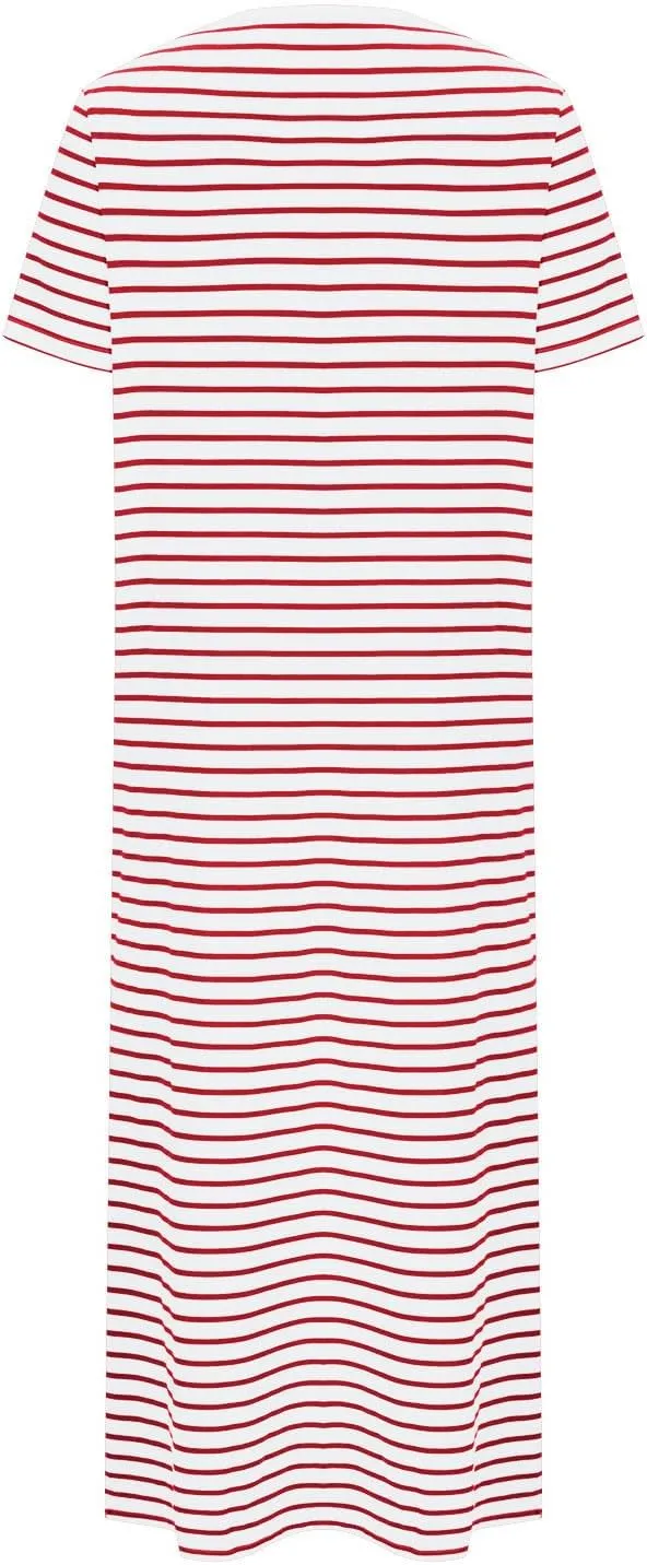 Borniu Women Casual Summer Dresses Short Sleeve Striped Midi Dress Crewneck Fashion Party Beach Vocation T Shirt Maxi Dress