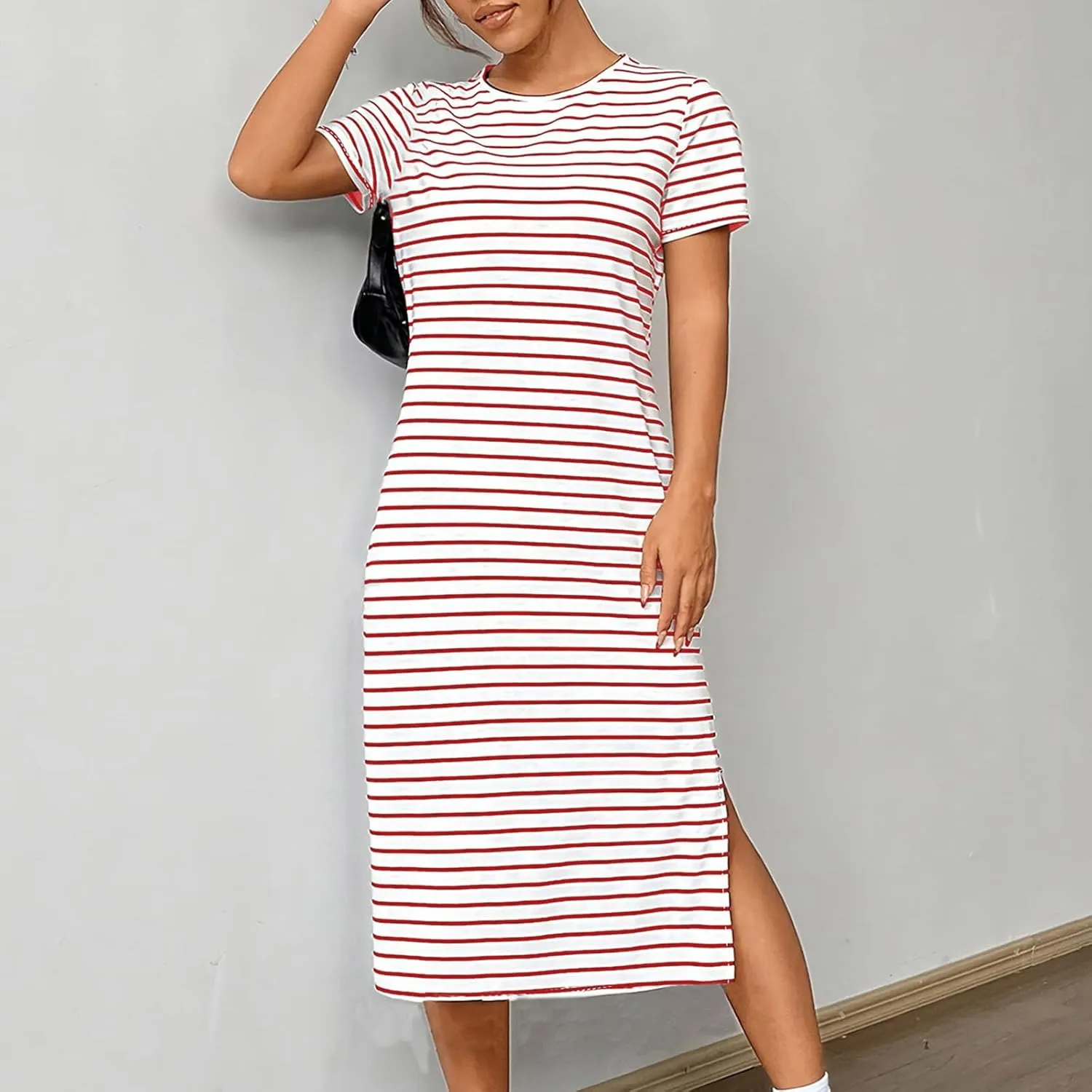 Borniu Women Casual Summer Dresses Short Sleeve Striped Midi Dress Crewneck Fashion Party Beach Vocation T Shirt Maxi Dress