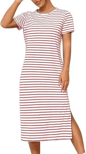 Borniu Women Casual Summer Dresses Short Sleeve Striped Midi Dress Crewneck Fashion Party Beach Vocation T Shirt Maxi Dress