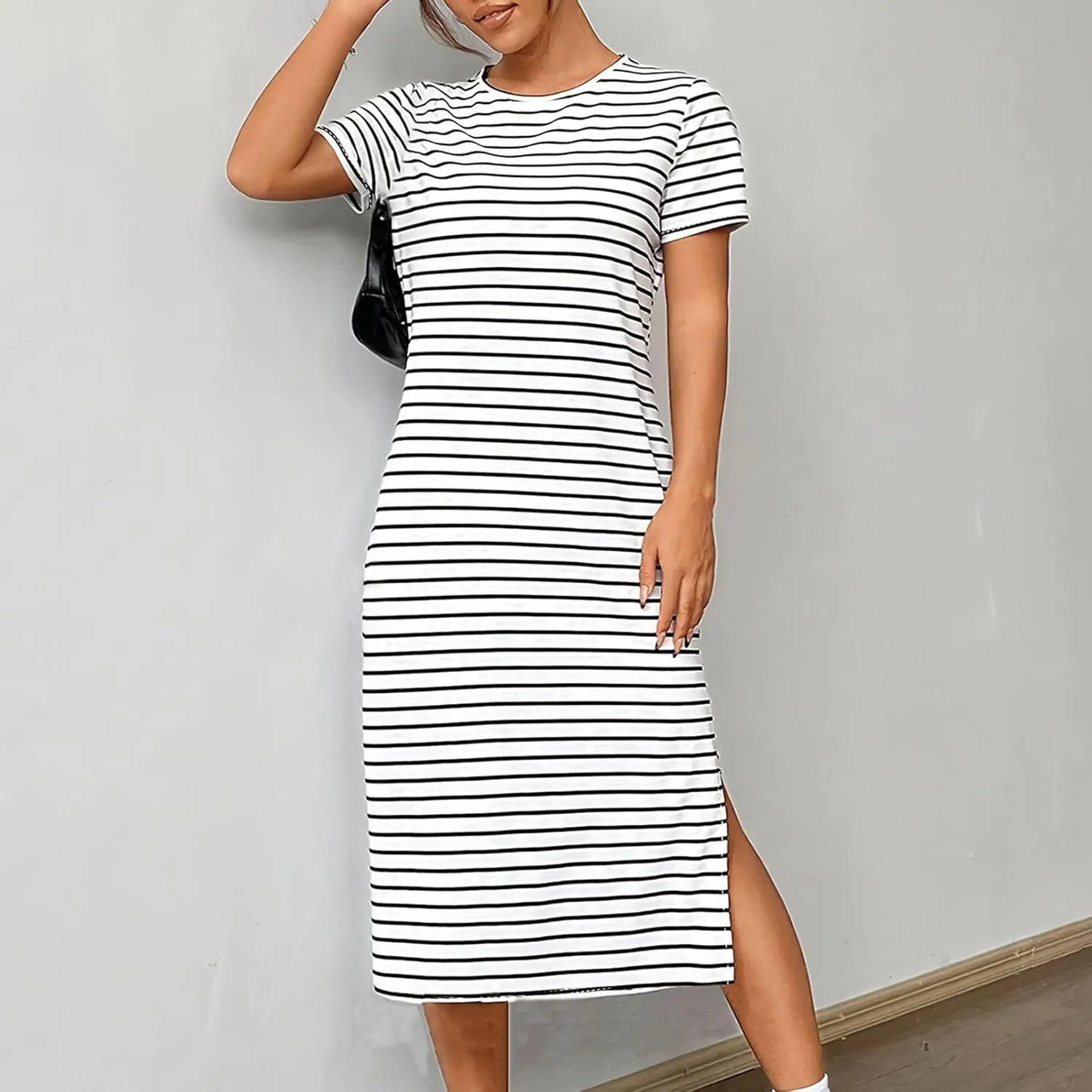 Borniu Women Casual Summer Dresses Short Sleeve Striped Midi Dress Crewneck Fashion Party Beach Vocation T Shirt Maxi Dress