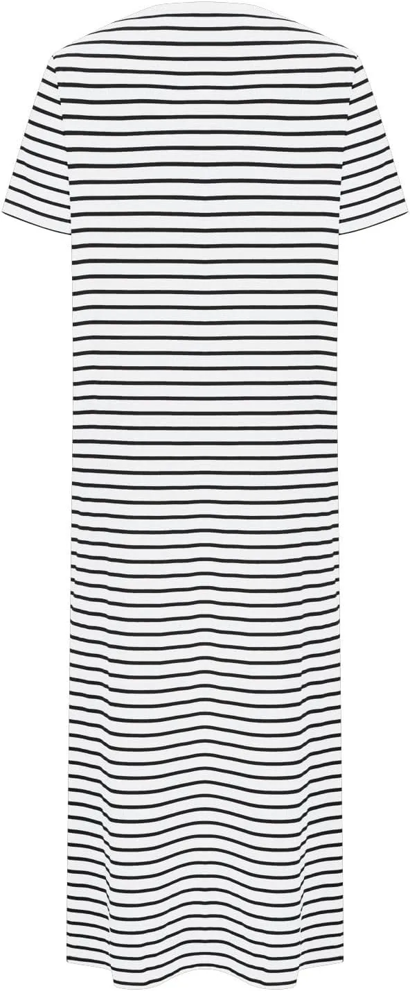 Borniu Women Casual Summer Dresses Short Sleeve Striped Midi Dress Crewneck Fashion Party Beach Vocation T Shirt Maxi Dress