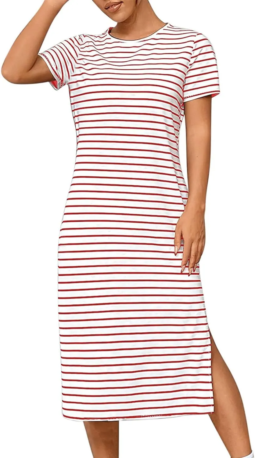 Borniu Women Casual Summer Dresses Short Sleeve Striped Midi Dress Crewneck Fashion Party Beach Vocation T Shirt Maxi Dress