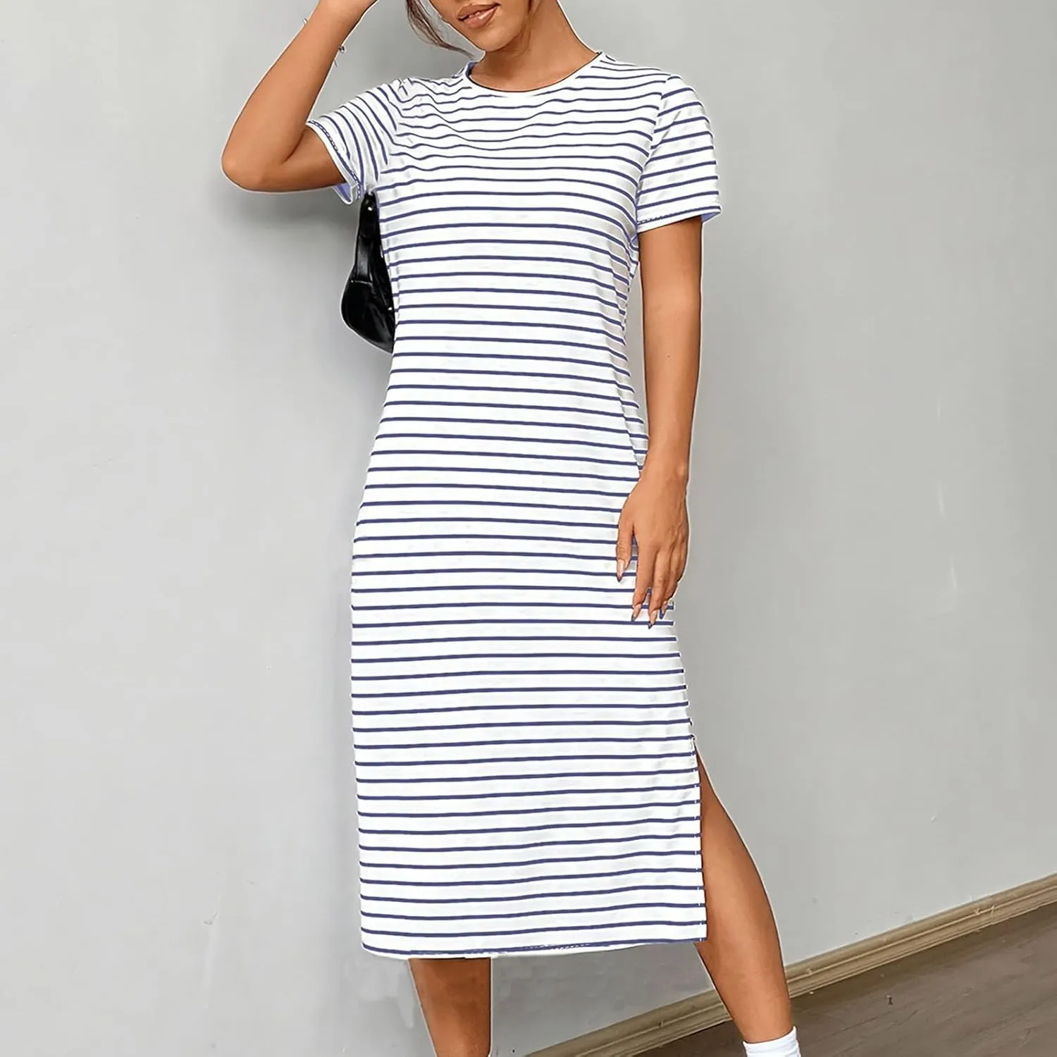 Borniu Women Casual Summer Dresses Short Sleeve Striped Midi Dress Crewneck Fashion Party Beach Vocation T Shirt Maxi Dress