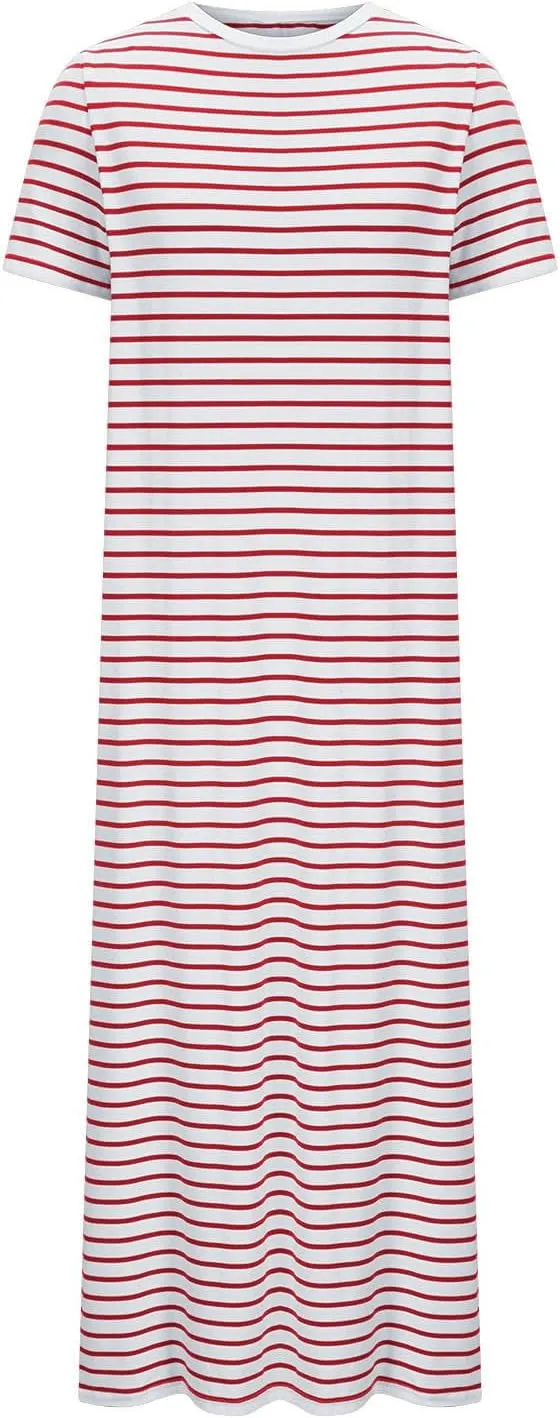 Borniu Women Casual Summer Dresses Short Sleeve Striped Midi Dress Crewneck Fashion Party Beach Vocation T Shirt Maxi Dress