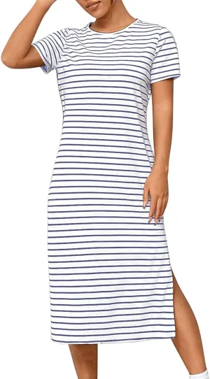 Borniu Women Casual Summer Dresses Short Sleeve Striped Midi Dress Crewneck Fashion Party Beach Vocation T Shirt Maxi Dress