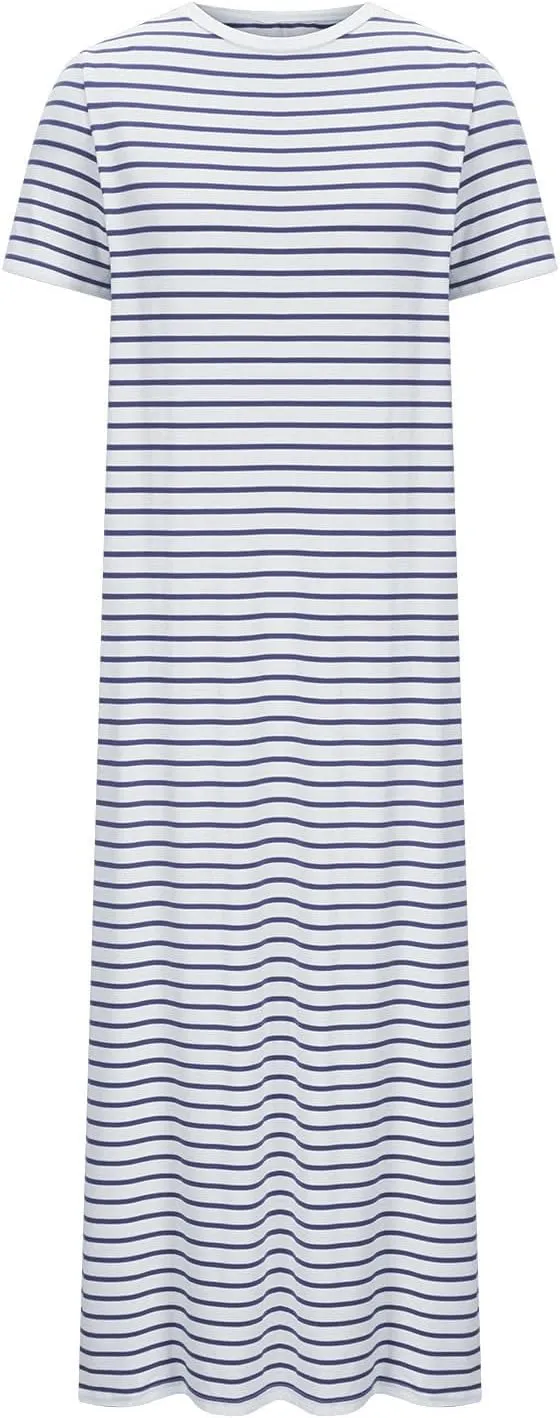 Borniu Women Casual Summer Dresses Short Sleeve Striped Midi Dress Crewneck Fashion Party Beach Vocation T Shirt Maxi Dress