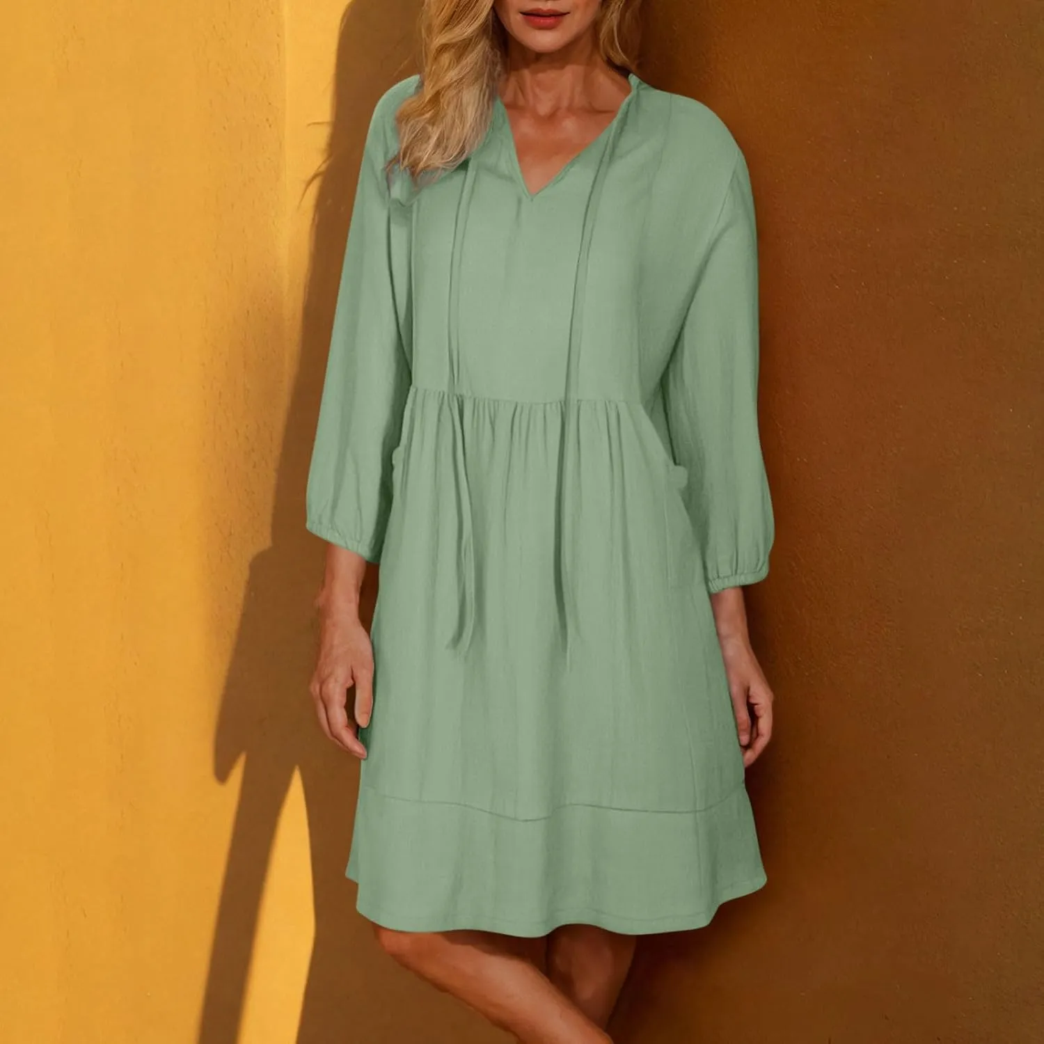 Borniu Women Casual Summer Summer Dresses Tie V Neck Half Sleeve High Waist Ruffle Tiered A Line Swing Tunic Mini Dress