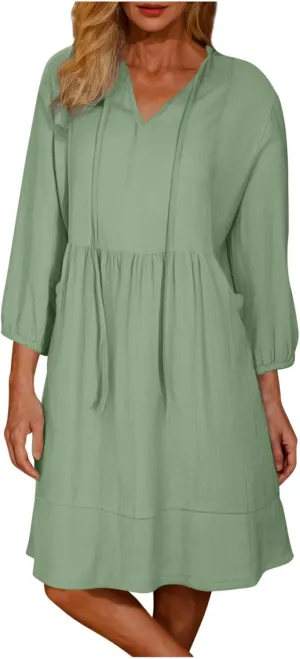 Borniu Women Casual Summer Summer Dresses Tie V Neck Half Sleeve High Waist Ruffle Tiered A Line Swing Tunic Mini Dress