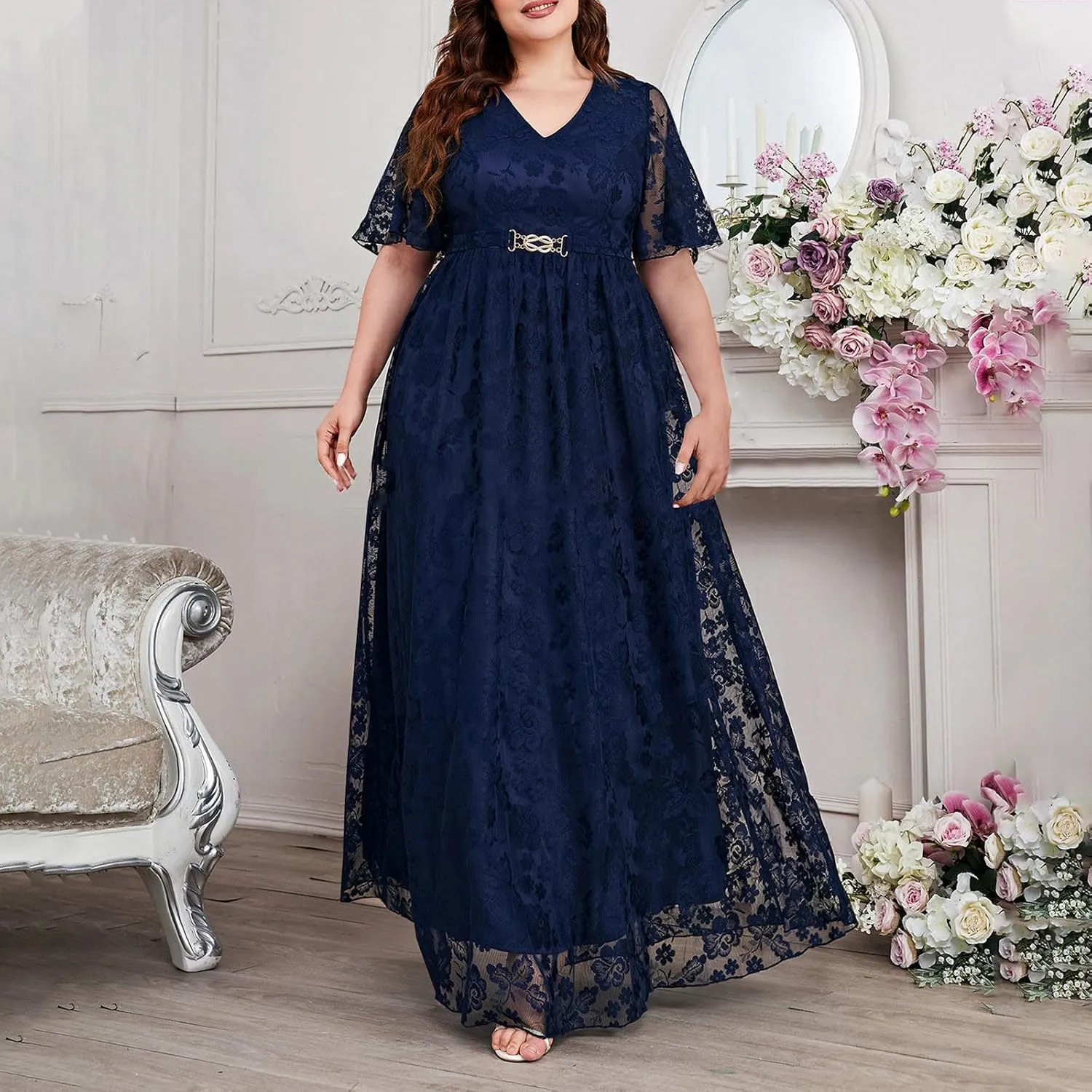 Borniu Women Plus Size Lace Mesh Cocktail Dresses Summer Wrap V Neck Short Sleeve Flowy A Line Wedding Guest Midi Dress