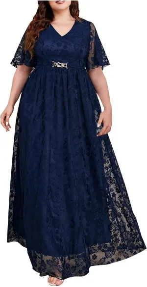 Borniu Women Plus Size Lace Mesh Cocktail Dresses Summer Wrap V Neck Short Sleeve Flowy A Line Wedding Guest Midi Dress
