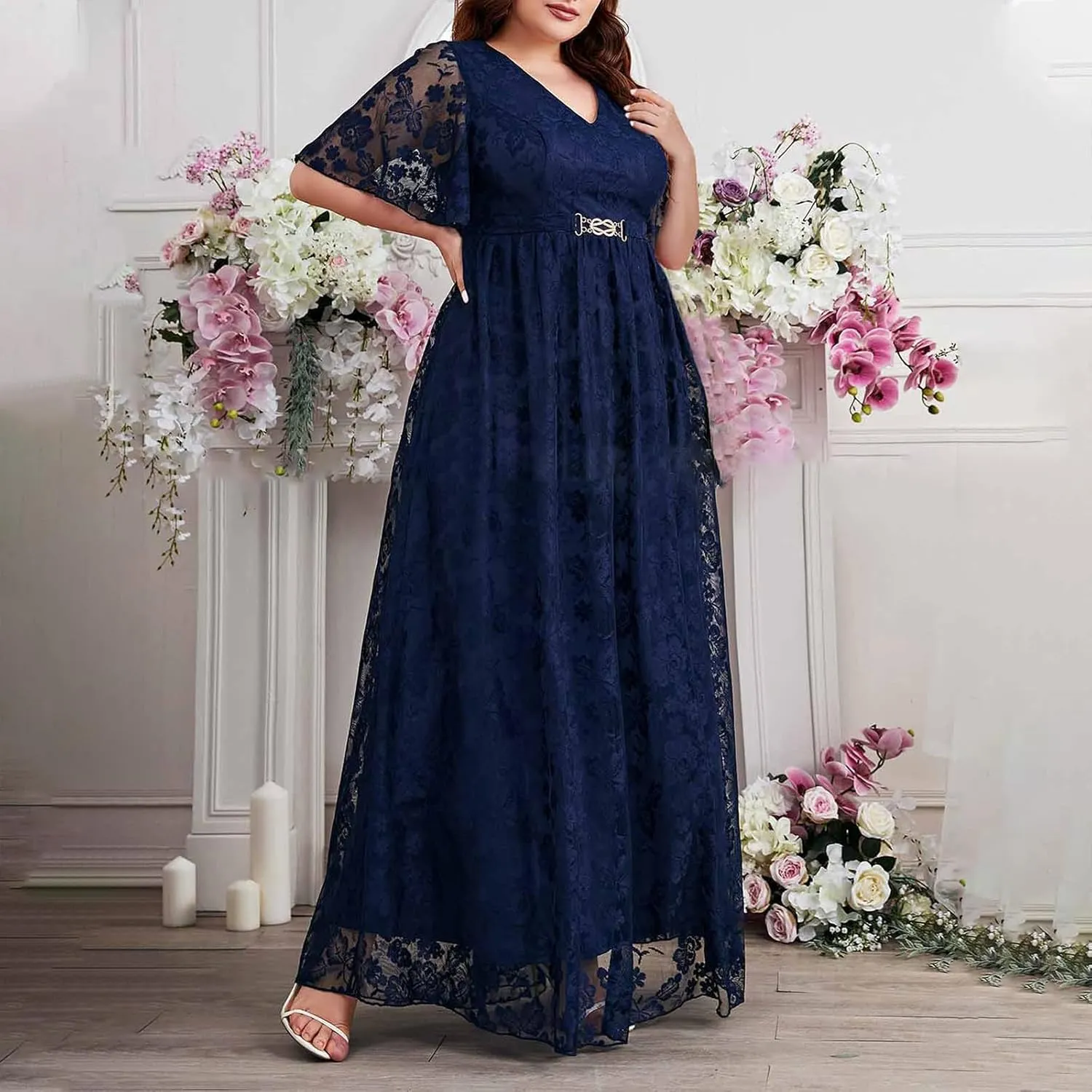 Borniu Women Plus Size Lace Mesh Cocktail Dresses Summer Wrap V Neck Short Sleeve Flowy A Line Wedding Guest Midi Dress