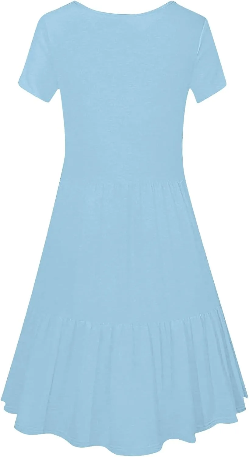 Borniu Women Summer Casual Dress Short Sleeve Crewneck Swing Mini Tshirt Dresses 2025 Vacation Beach Pleated Short Sundress