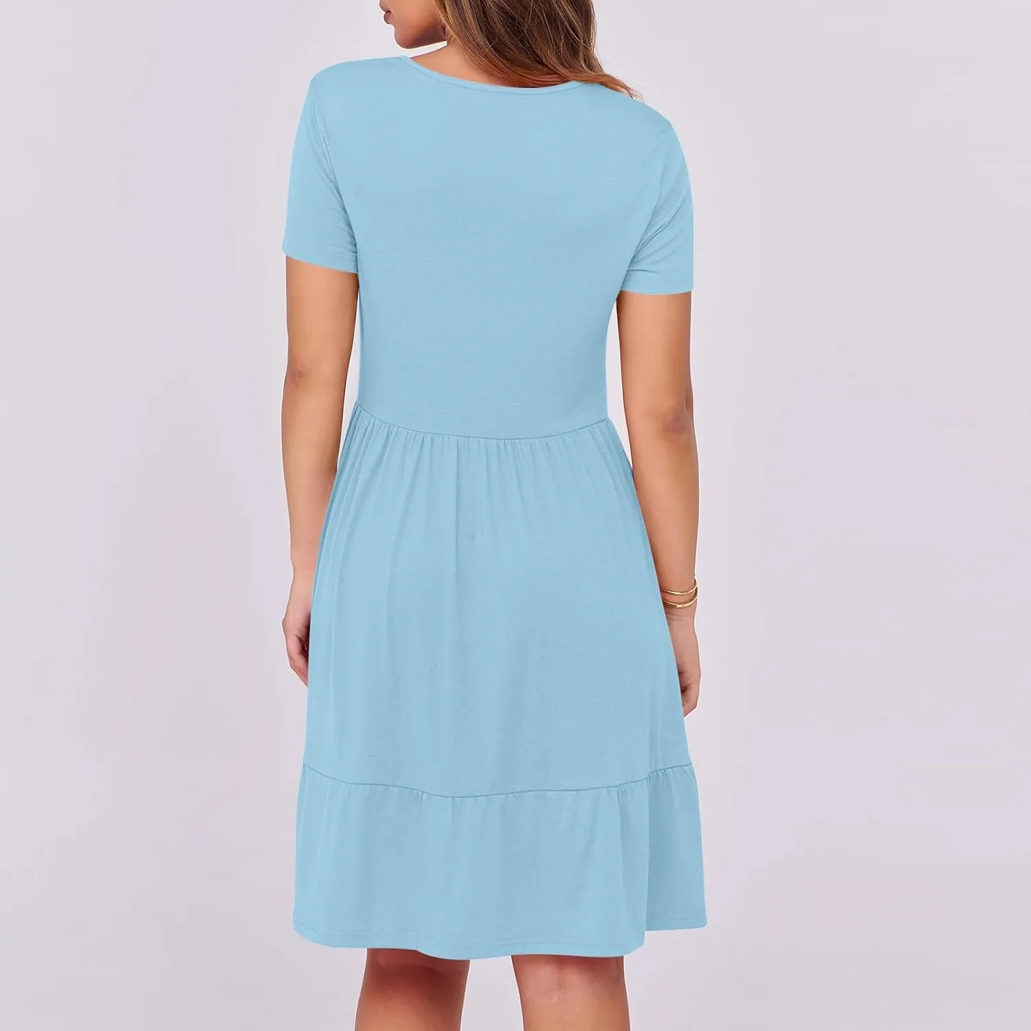 Borniu Women Summer Casual Dress Short Sleeve Crewneck Swing Mini Tshirt Dresses 2025 Vacation Beach Pleated Short Sundress