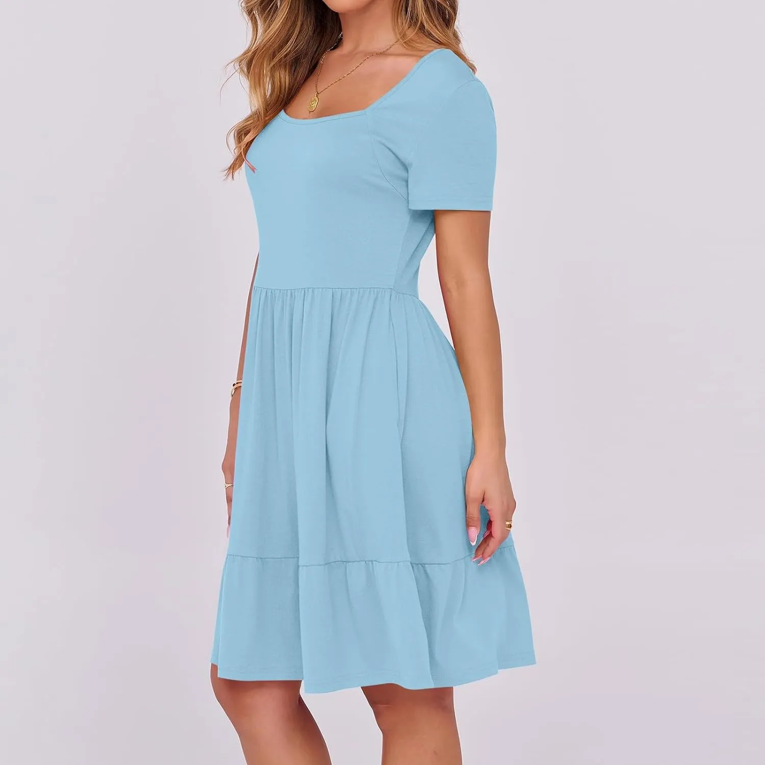 Borniu Women Summer Casual Dress Short Sleeve Crewneck Swing Mini Tshirt Dresses 2025 Vacation Beach Pleated Short Sundress