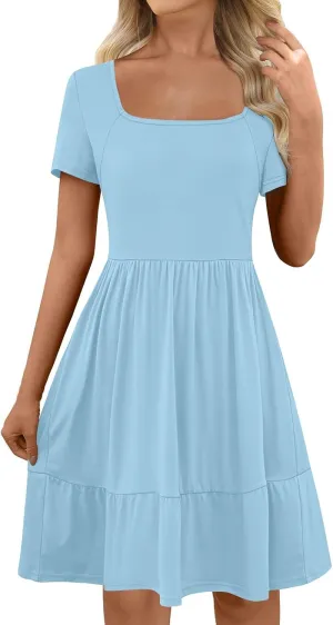 Borniu Women Summer Casual Dress Short Sleeve Crewneck Swing Mini Tshirt Dresses 2025 Vacation Beach Pleated Short Sundress