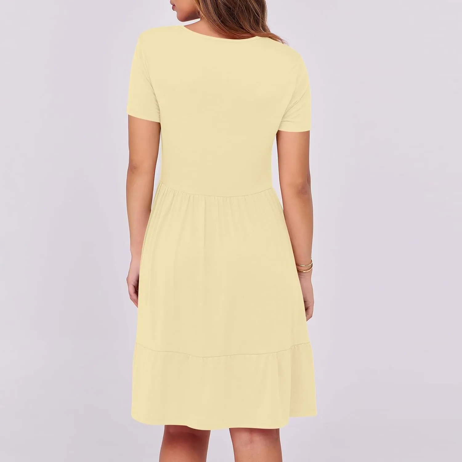 Borniu Women Summer Casual Short Sleeve Dresses Empire Waist Scoop Neck Pleated Layering Mini Sundress Beach Vacation Dress