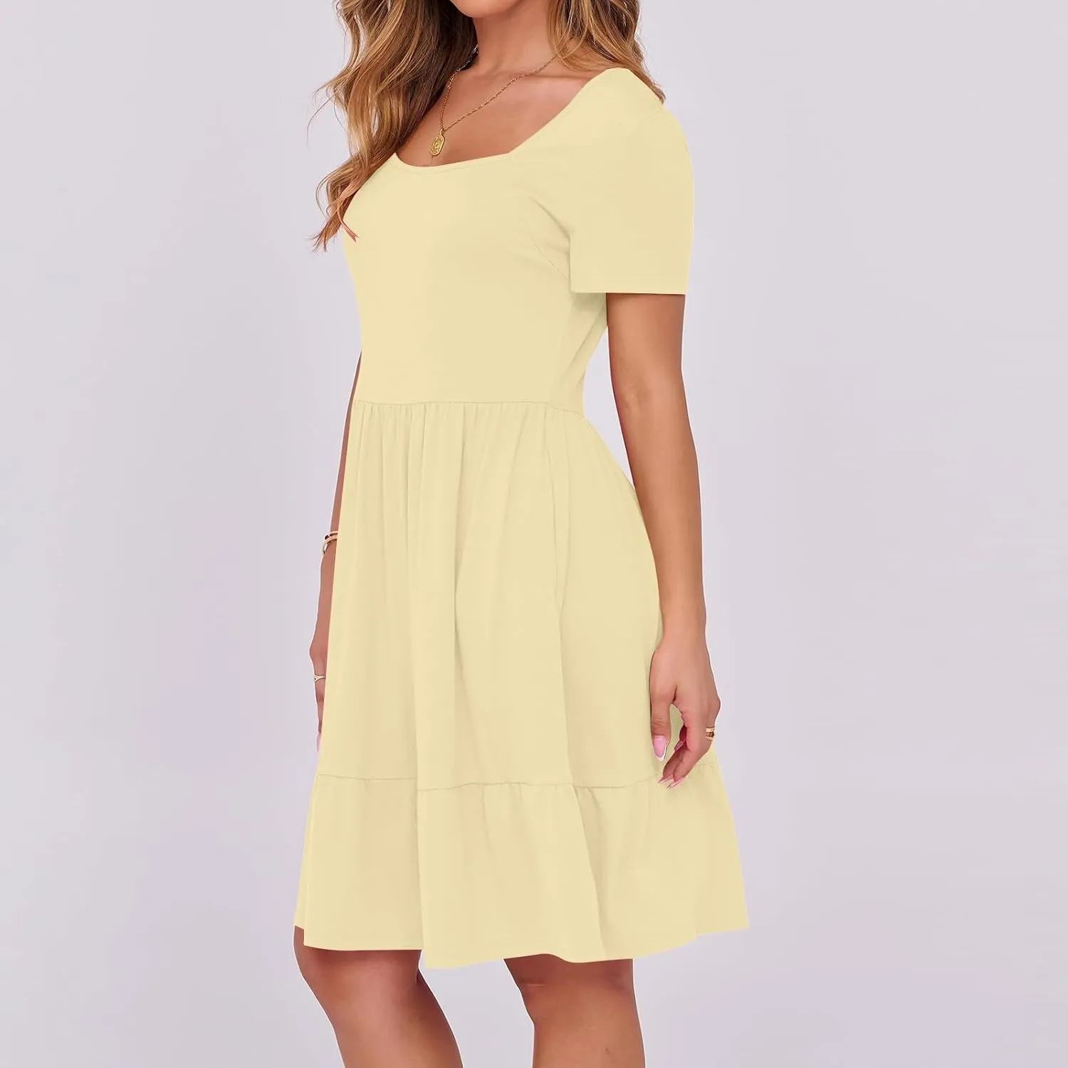 Borniu Women Summer Casual Short Sleeve Dresses Empire Waist Scoop Neck Pleated Layering Mini Sundress Beach Vacation Dress