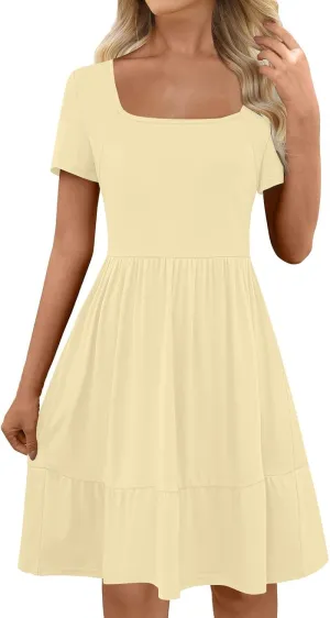 Borniu Women Summer Casual Short Sleeve Dresses Empire Waist Scoop Neck Pleated Layering Mini Sundress Beach Vacation Dress