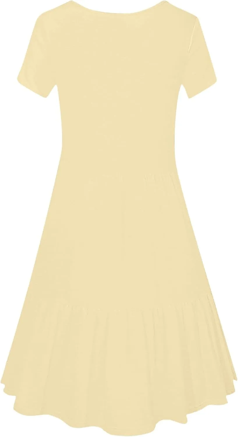 Borniu Women Summer Casual Short Sleeve Dresses Empire Waist Scoop Neck Pleated Layering Mini Sundress Beach Vacation Dress