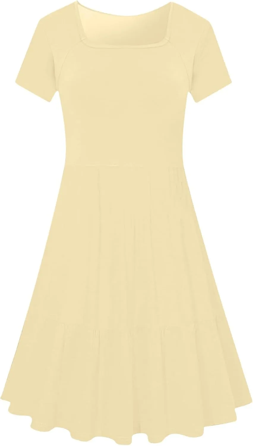 Borniu Women Summer Casual Short Sleeve Dresses Empire Waist Scoop Neck Pleated Layering Mini Sundress Beach Vacation Dress