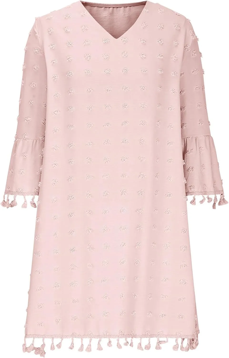 Borniu Women's 2025 Summer Tassels Dress Swiss Polka Dot V-Neck Bell Sleeve Shift Dress Casual Loose Flowy Mini Dresses