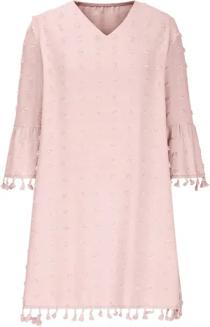 Borniu Women's 2025 Summer Tassels Dress Swiss Polka Dot V-Neck Bell Sleeve Shift Dress Casual Loose Flowy Mini Dresses