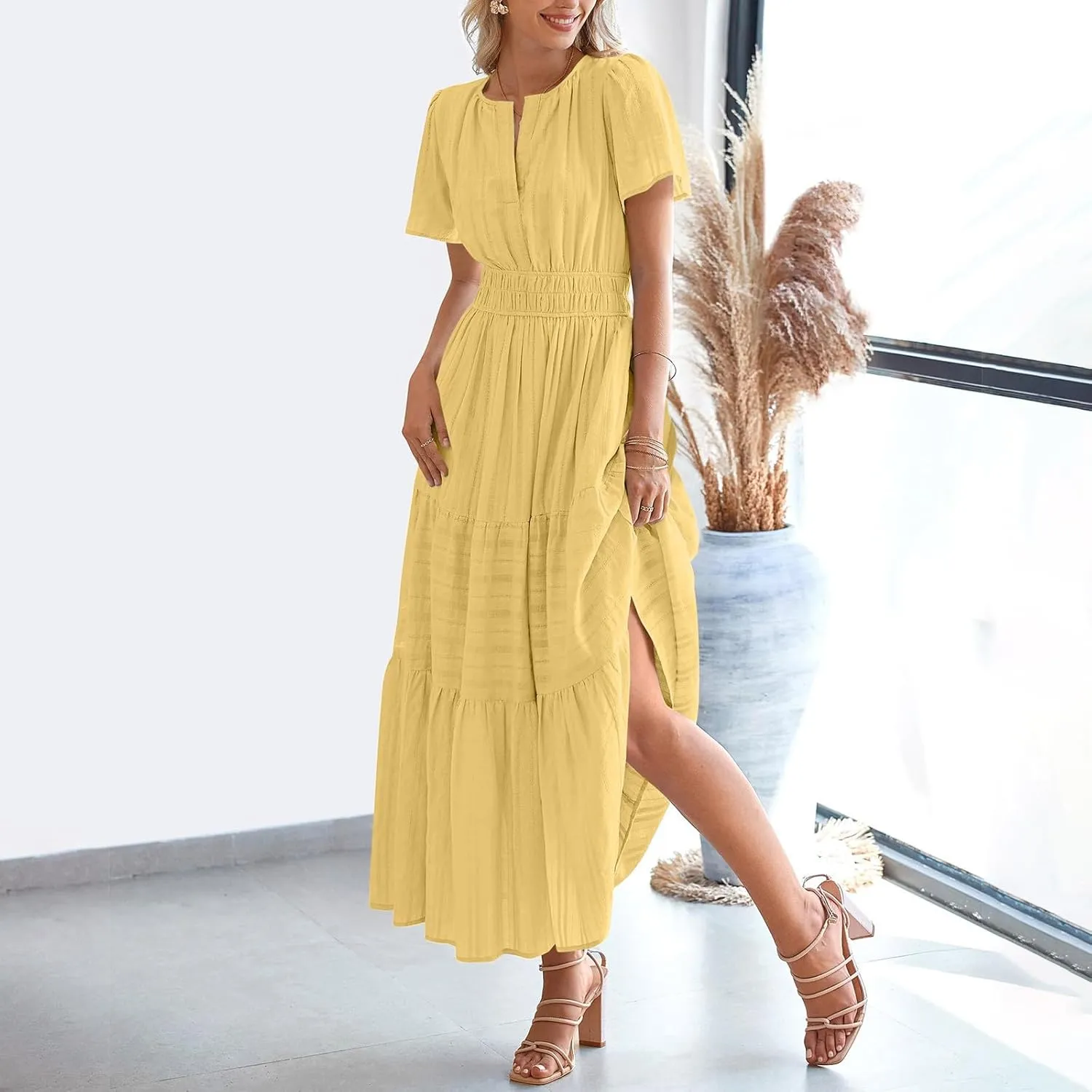 Borniu Women's Casual Summer Midi Dress 2025 Spring Short Sleeve V Neck Tiered Flowy Swing Solid Beach Vacation Dresses