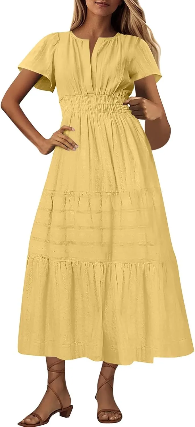 Borniu Women's Casual Summer Midi Dress 2025 Spring Short Sleeve V Neck Tiered Flowy Swing Solid Beach Vacation Dresses