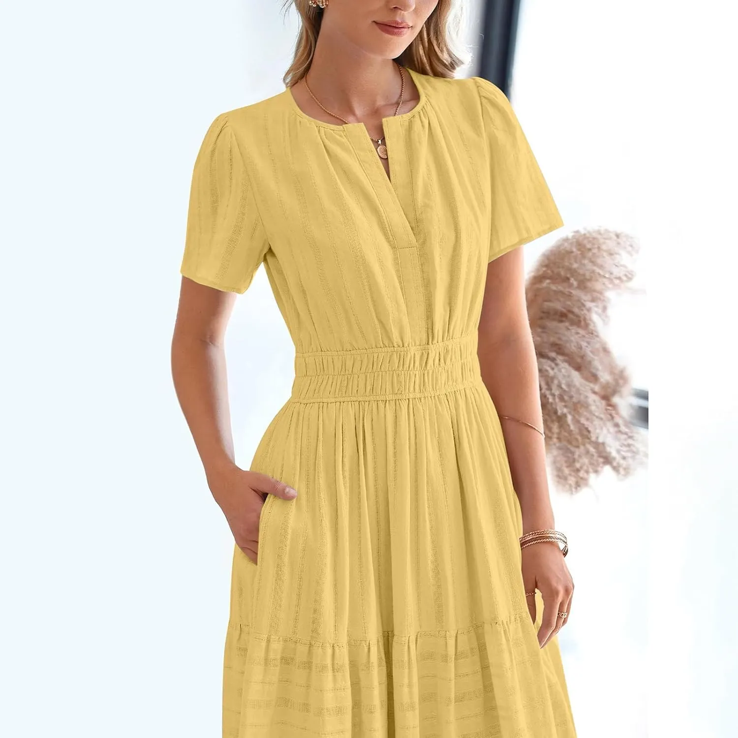 Borniu Women's Casual Summer Midi Dress 2025 Spring Short Sleeve V Neck Tiered Flowy Swing Solid Beach Vacation Dresses