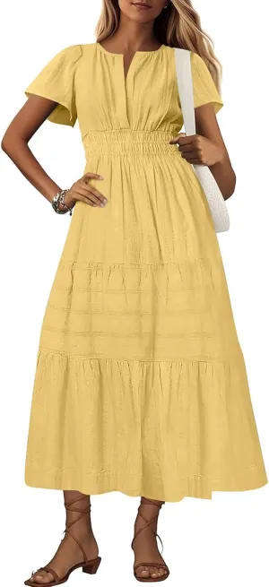 Borniu Women's Casual Summer Midi Dress 2025 Spring Short Sleeve V Neck Tiered Flowy Swing Solid Beach Vacation Dresses