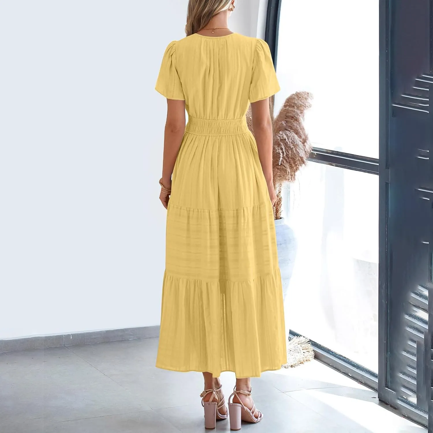 Borniu Women's Casual Summer Midi Dress 2025 Spring Short Sleeve V Neck Tiered Flowy Swing Solid Beach Vacation Dresses